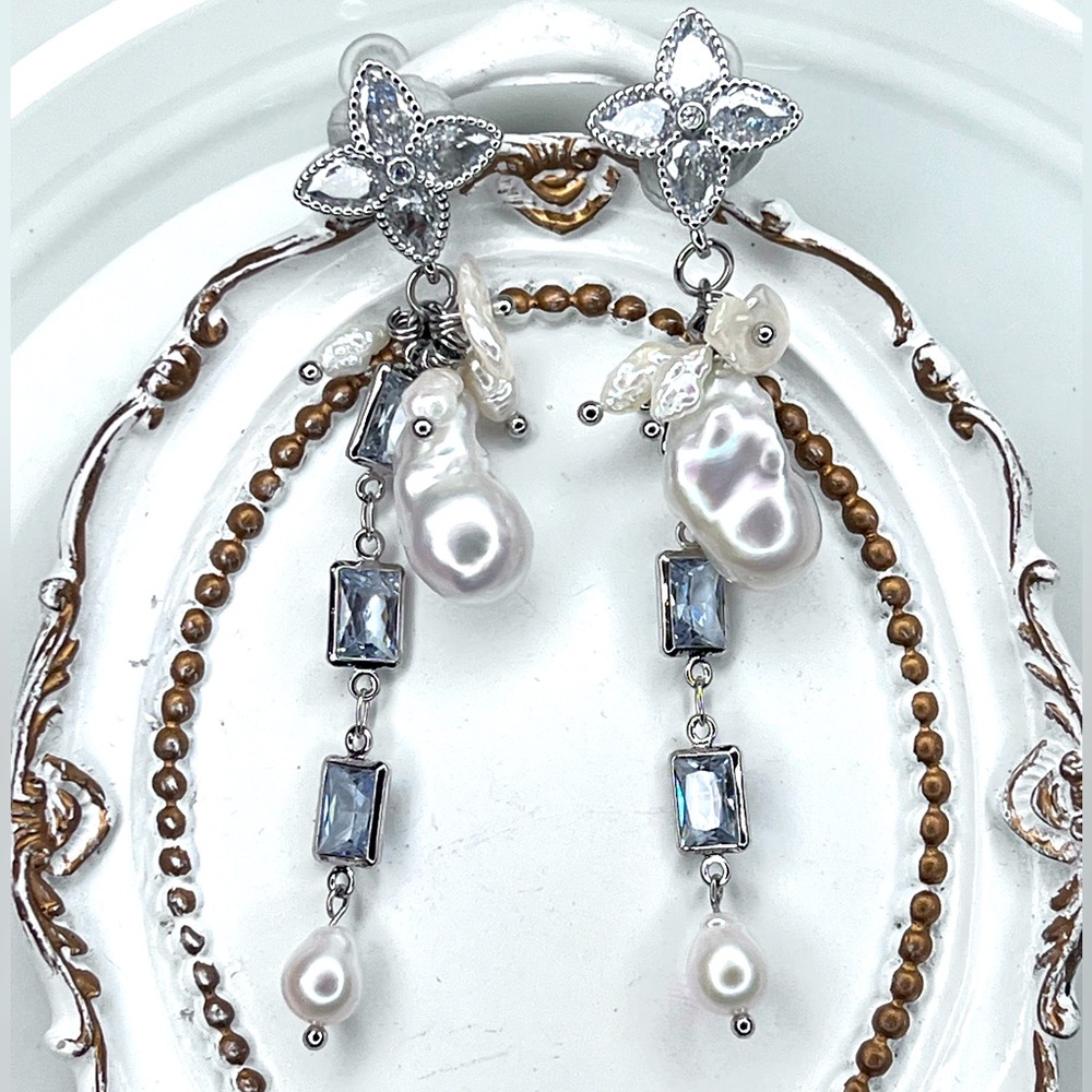 Handmade Freshwater Mini Flameball Pearl Blue Crystal Earrings S925 SS Posts
